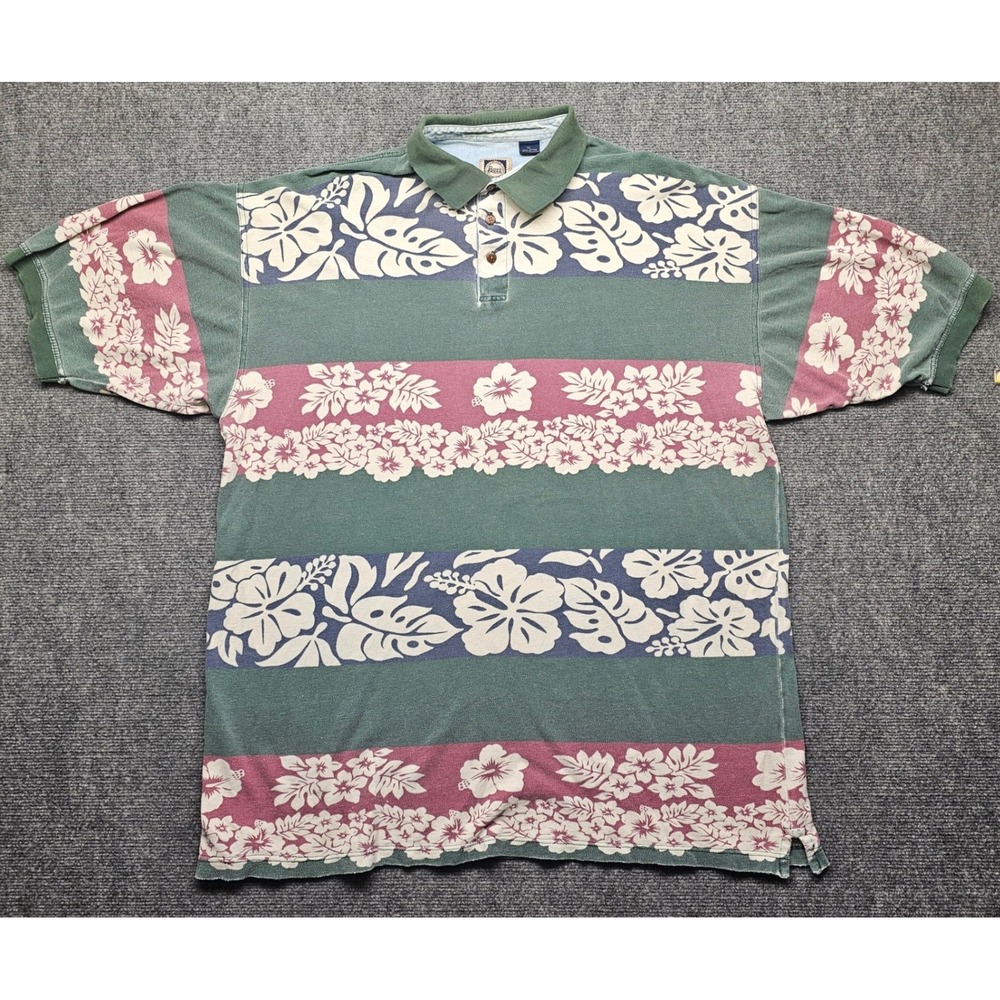 GH Bass Mens XL Floral Polo Shirt Short Sleeve Tropical Hibiscus Green Pink